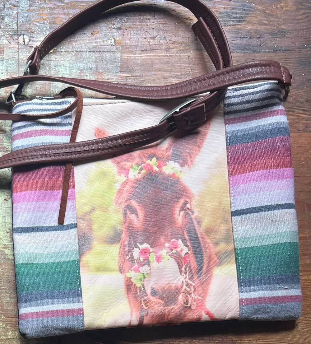 NEW TOTEM SALVAGED women's donkey and flower totem crossbody bag in multicolor